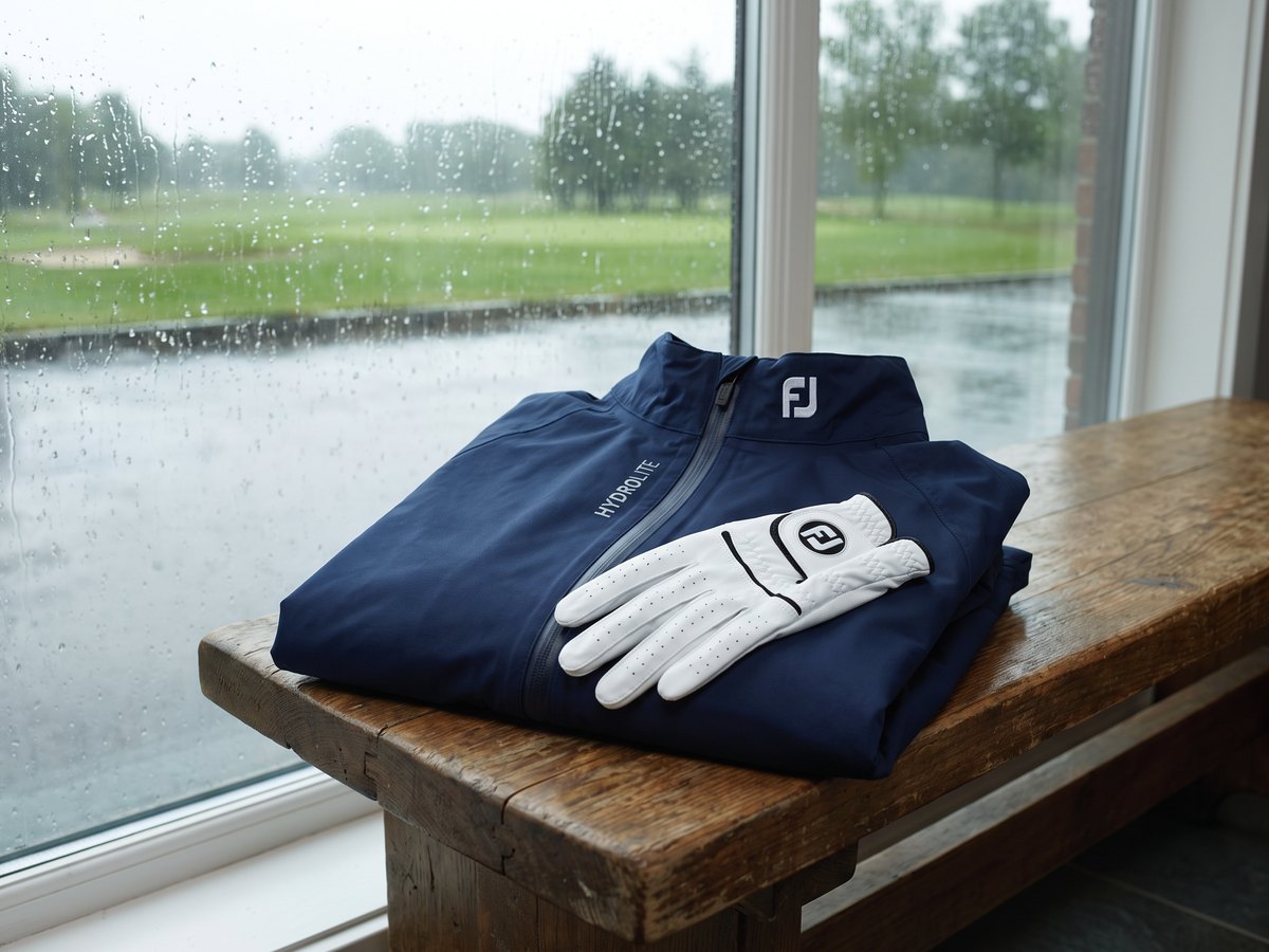 A rain jacket and a glove