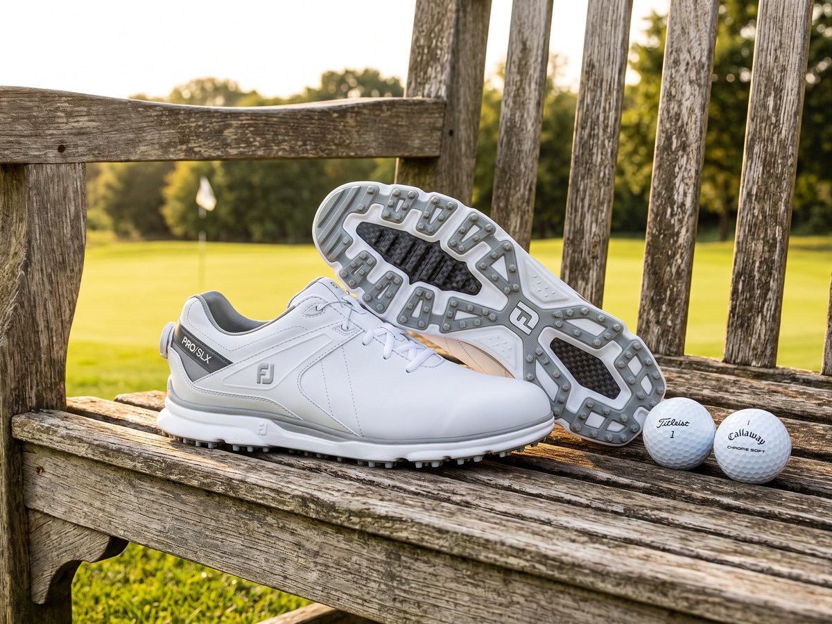 Golf shoes on a workbench